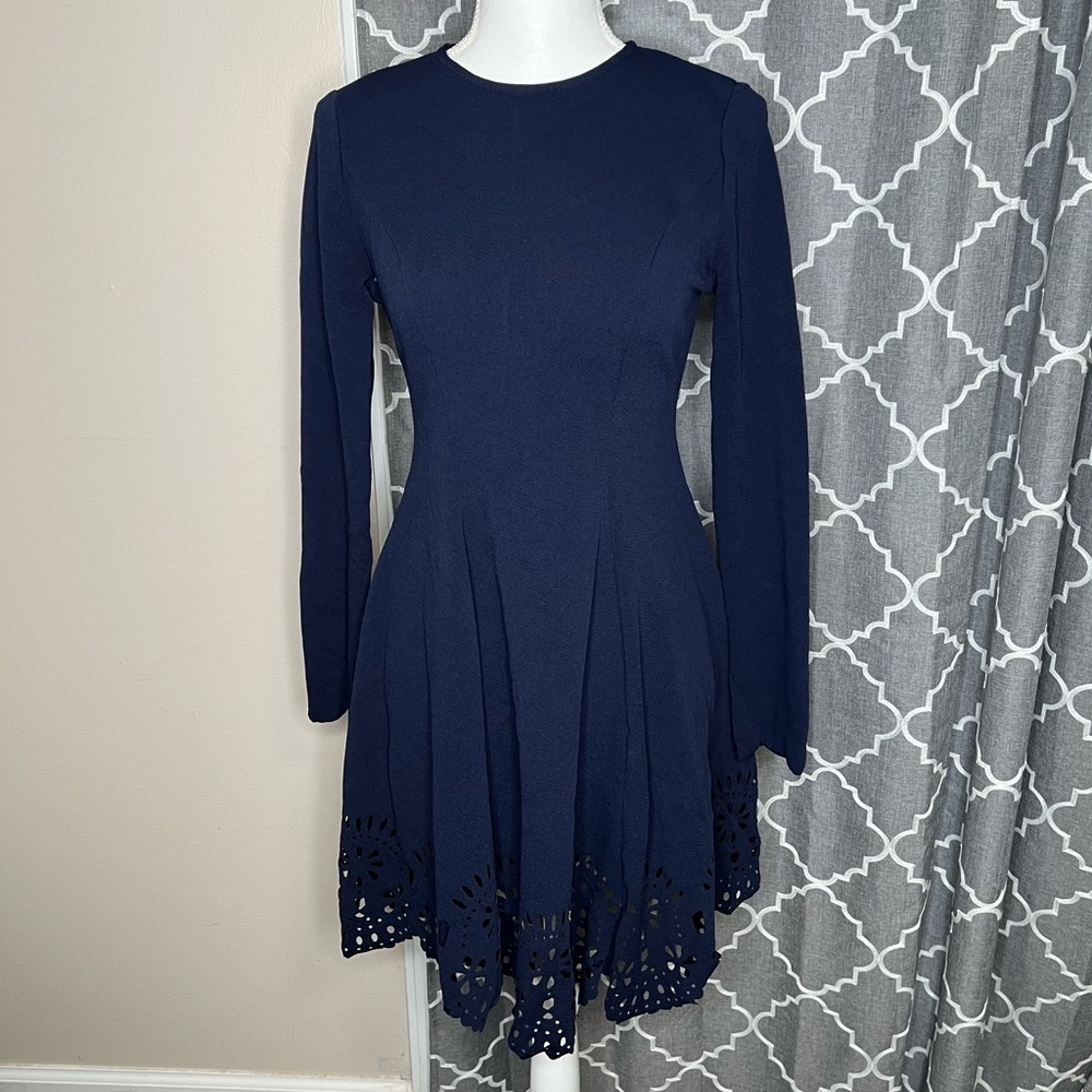 Romwe Navy Scalloped Hem Stretchy Knit Flared Skater A-line Dress